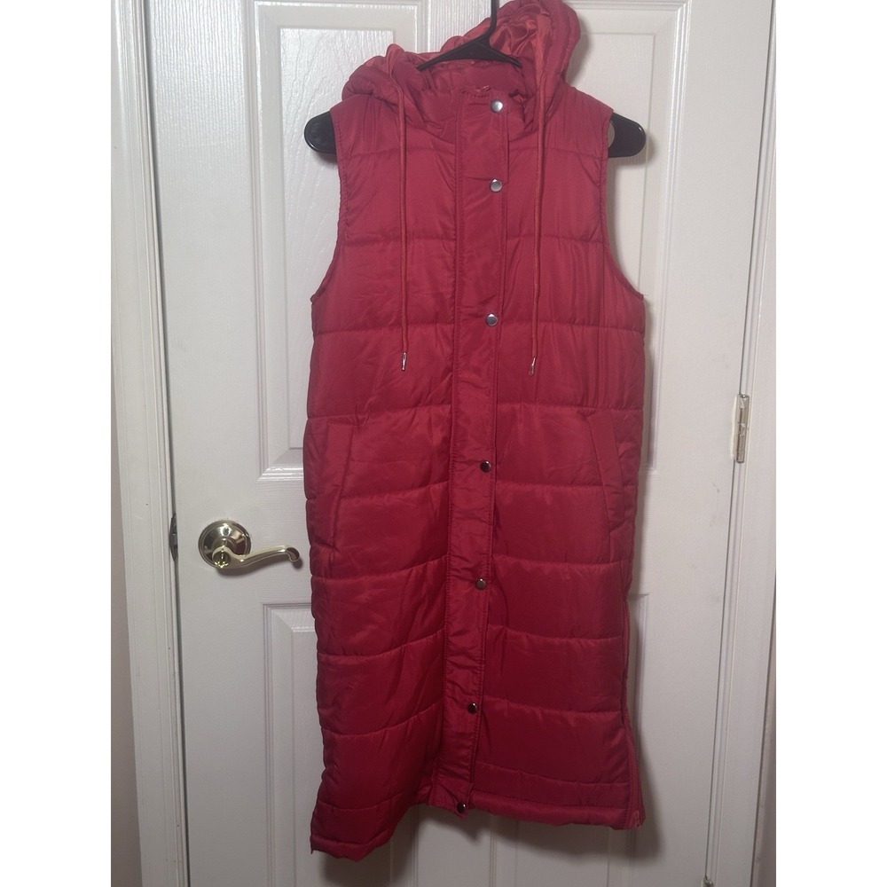 Women's Red Long Hooded Puffer Vest Size S Quilted Snap Front
